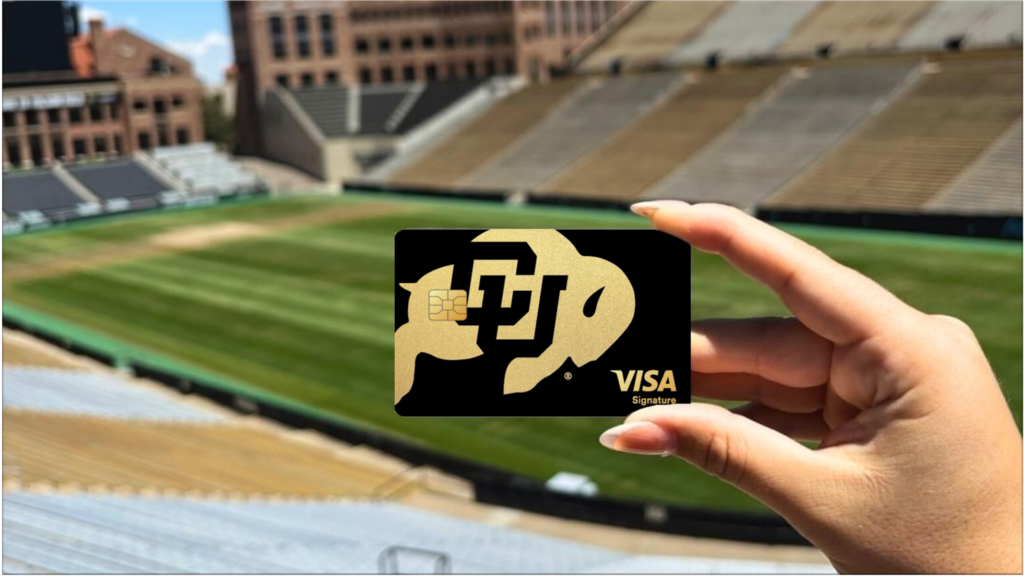 The Go Buffs Visa Signature card against Folsom Field at CU Boulder